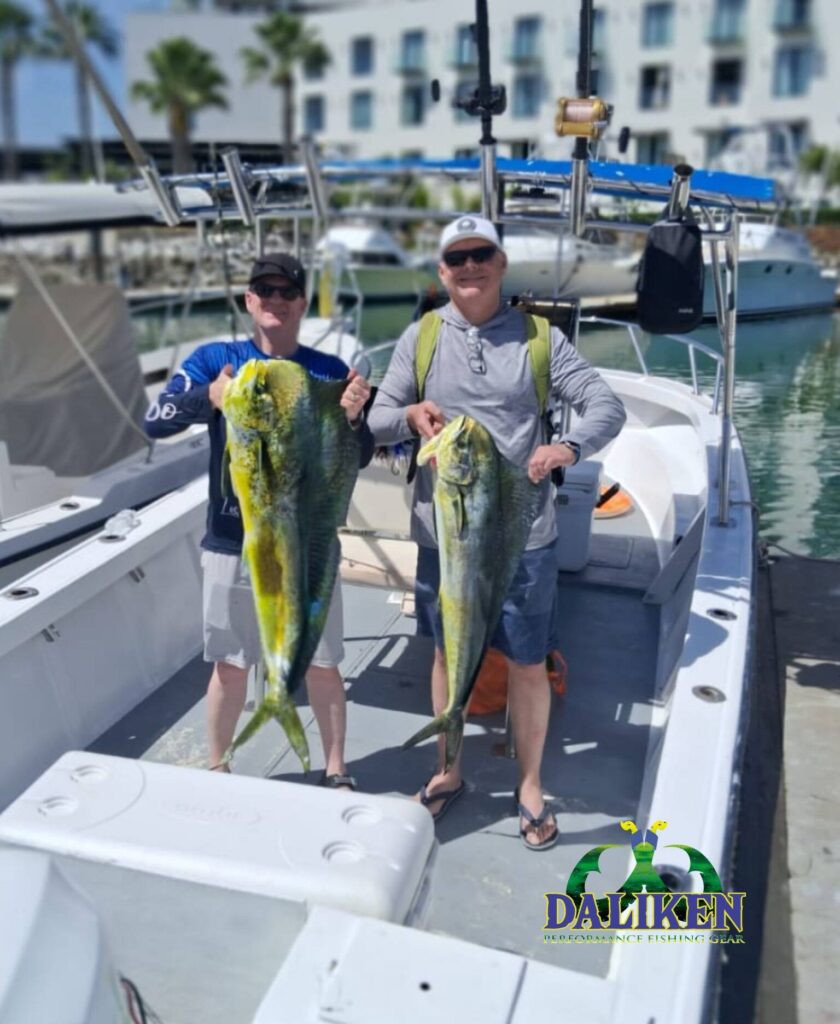 Bright dorado (mahi mahi) held by angler on Daliken Sportfishing charter