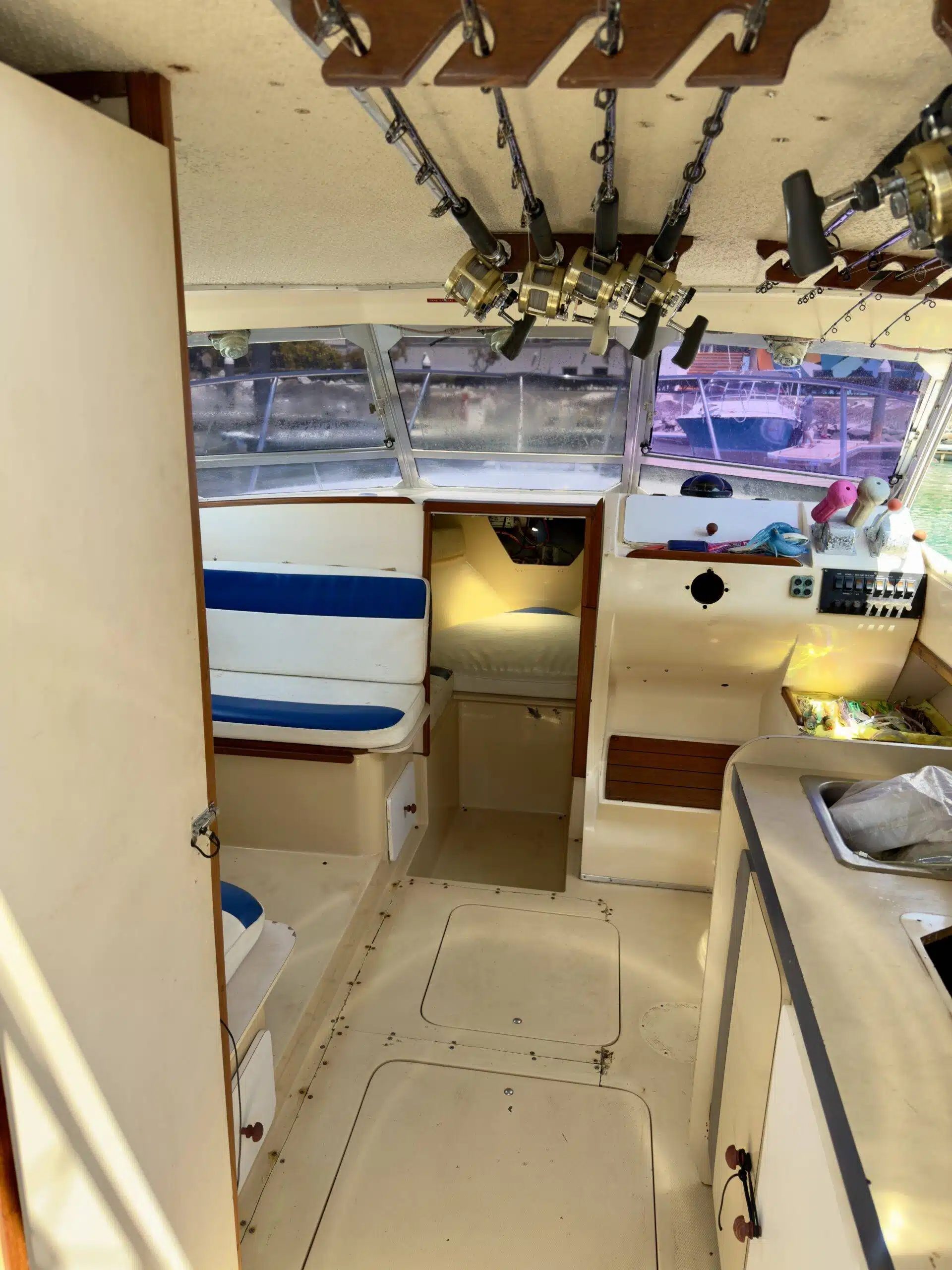 Helm and seating area aboard the 32ft Boat Classic