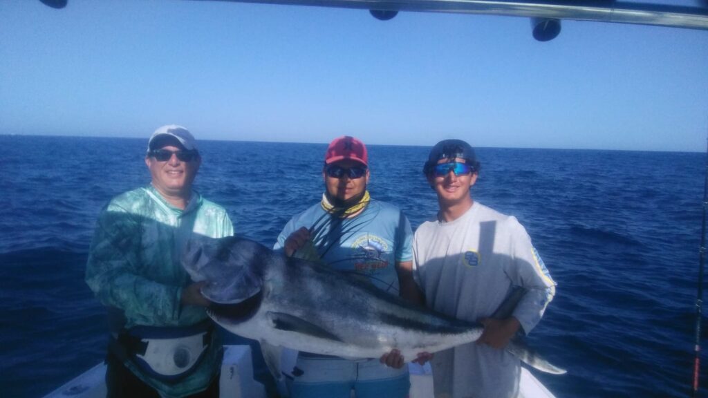 Live bait setup for roosterfish fishing close to shore in Baja California Sur