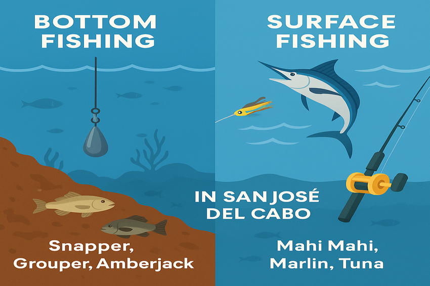 Comparison of bottom vs surface fishing in San José del Cabo – gear and species chart