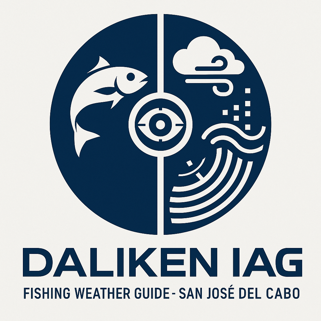Los Cabos seasonal fishing conditions reference chart (wind, swell, water temperature) for San José del Cabo