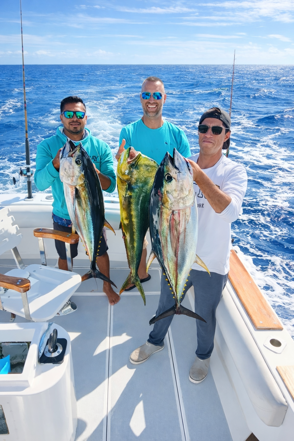 Anglers with tuna and dorado on a private fishing charter in San José del Cabo with Daliken Sportfishing