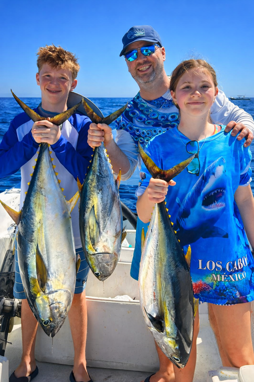 Three anglers holding yellowfin tuna after a successful private fishing trip in San Jose del Cabo
