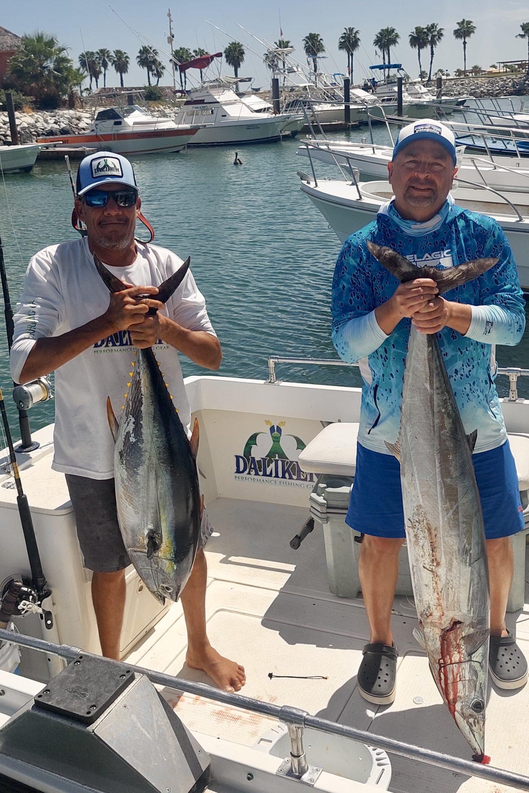Clients on a San José del Cabo fishing charter holding fresh offshore catch during the spring fish report update
