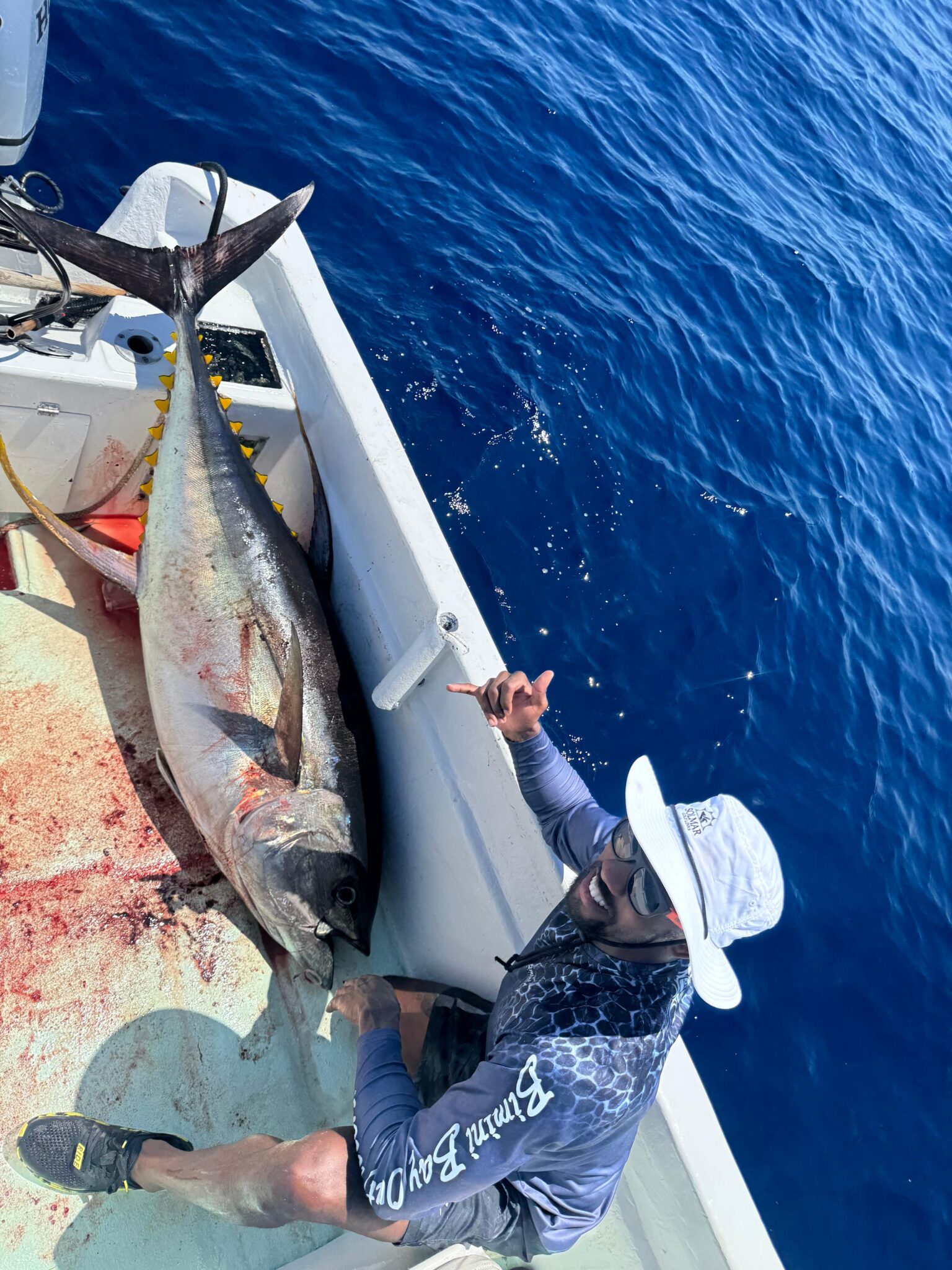 Big yellowfin tuna on the deck of a 23ft panga offshore San Jose del Cabo, Daliken Sportfishing